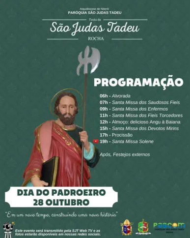 A celebração ocorrerá na igreja do santo no Rocha