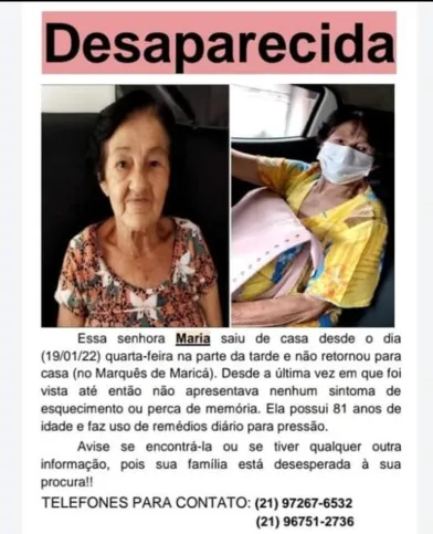 Imagem ilustrativa da imagem Família busca informações de idosa desaparecida em Maricá