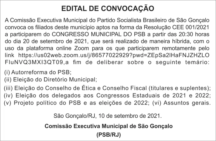 Imagem ilustrativa da imagem EDITAL DE CONVOCAÇÃO - PSB