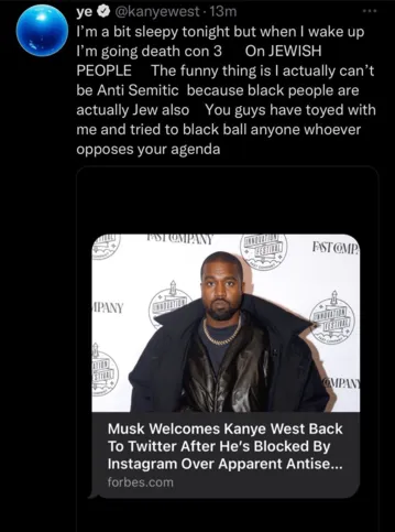 Em tweet que causou banimento da plataforma, Ye diz: "I'm going death con 3 on jewish people".