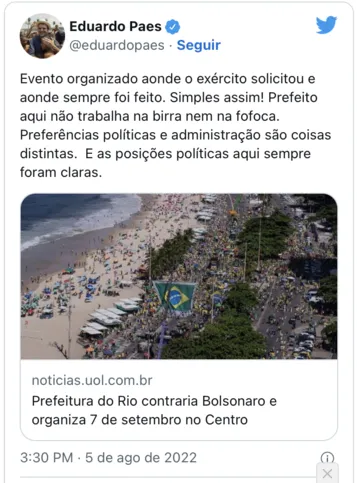 Imagem ilustrativa da imagem Contrariando Bolsonaro, Paes anuncia: desfile do 7 de setembro será no Centro