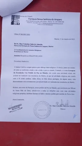 Ofício enviado pelo padre Max Celestino