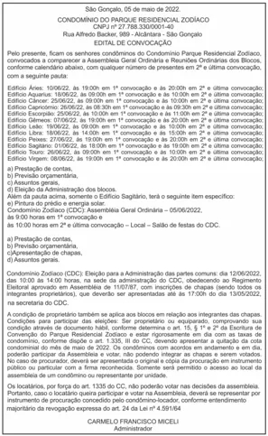 Imagem ilustrativa da imagem EDITAL DE CONVOCAÇÃO - CONDOMÍNIO DO PARQUE RESIDENCIAL ZODÍACO
