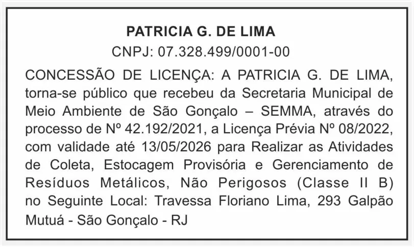 Imagem ilustrativa da imagem CONCESSÃO DE LICENÇA À PATRICIA G. DE LIMA