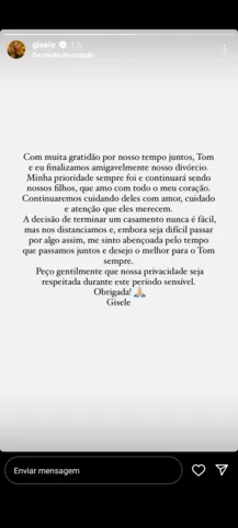Modelo aproveitou para pedir respeito à privacidade da família em comunicado na rede social