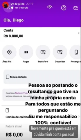 Falso print de conta digital que criminoso tentou associar ao fotógrafo Diego Mello