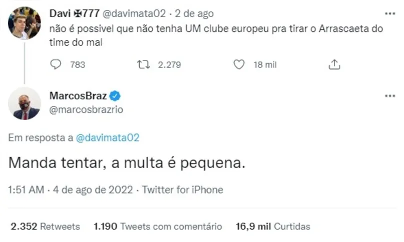 Resposta de Marcos Braz, vice-presidente de futebol do Flamengo.