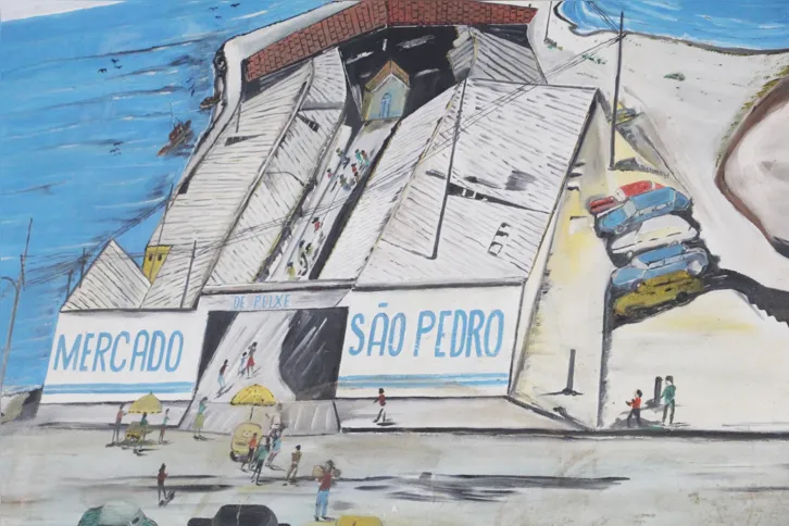 Pintura de como era o "Mercado Velho", pode ser vista no segundo andar do Mercado São Pedro