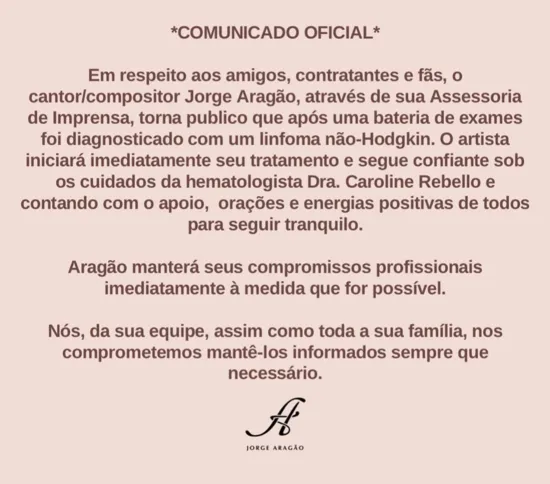 Nota da assessoria do artista