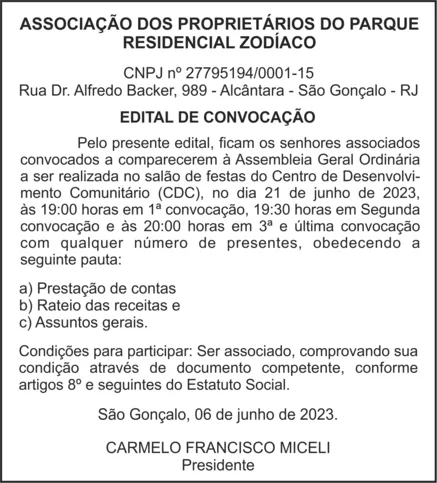Imagem ilustrativa da imagem EDITAL DE CONVOCAÇÃO - PARQUE RESIDENCIAL ZODÍACO