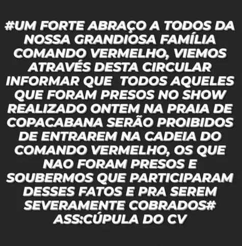 Suposto aviso da facção circula nas redes sociais