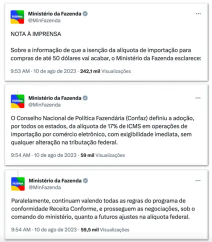 Íntegra da nota oficial do Ministério da Fazenda