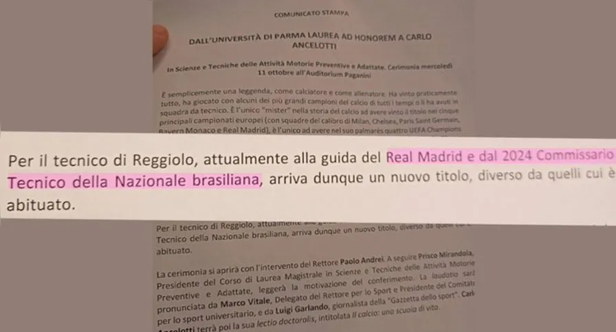 No release ele foi definido como definido como "atualmente no comando do Real Madrid e em 2024 treinador da seleção brasileira"