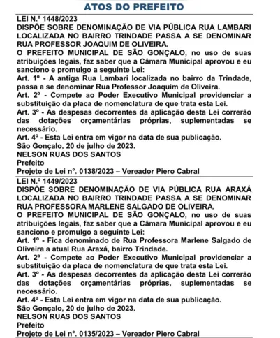 Publicação dos projetos de lei que alteram os nomes das ruas na Trindade