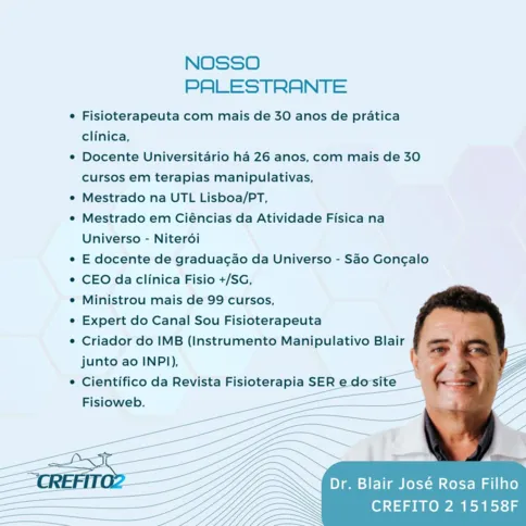 O evento é presencial e voltado para fisioterapeutas e acadêmicos