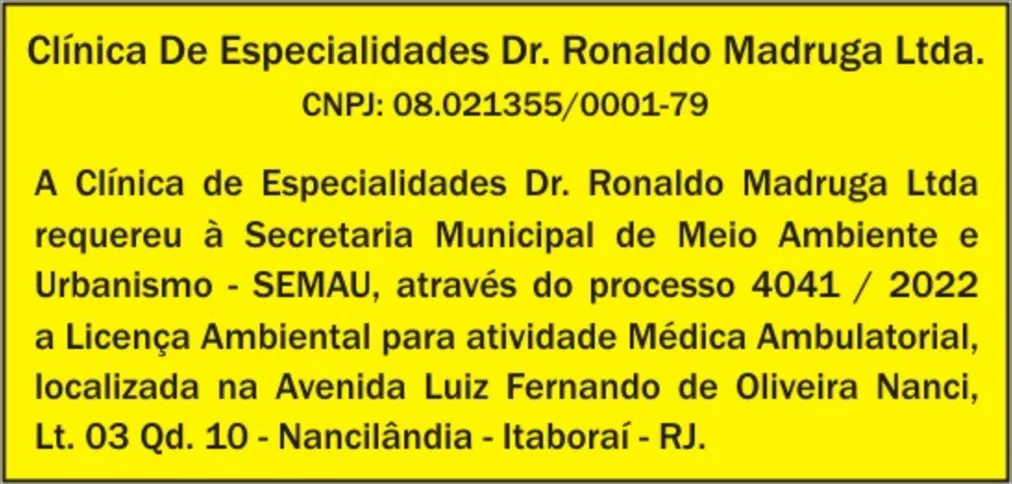 Imagem ilustrativa da imagem REQUERIMENTO DE LICENÇA AMBIENTAL - CLÍNICA DR. RONALDO MADRUGA LTDA.