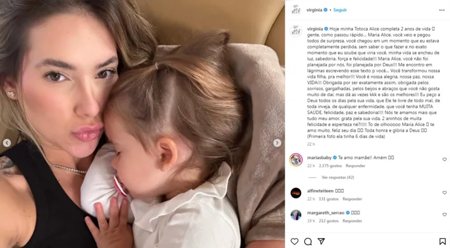 Virginia faz declaração para a filha nas redes sociais