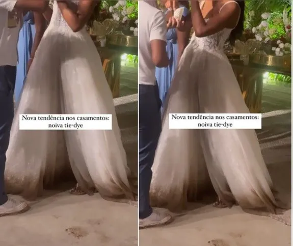 O barra do vestido da noiva depois de dançar, storie do stylist Erick Maia