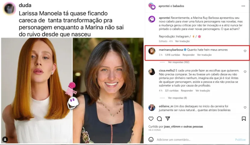 Internautas ficaram insatisfeito com a ausência de mudanças radicais por parte de Marina Ruy Barbosa, para interpretar seus papéis