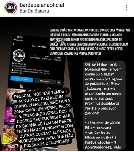 Postagem  de alerta feita pelo bar