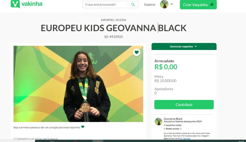 A família de Geovanna Black decidiu criar uma vaquinha para que ela possa participar dos campeonatos internacionais