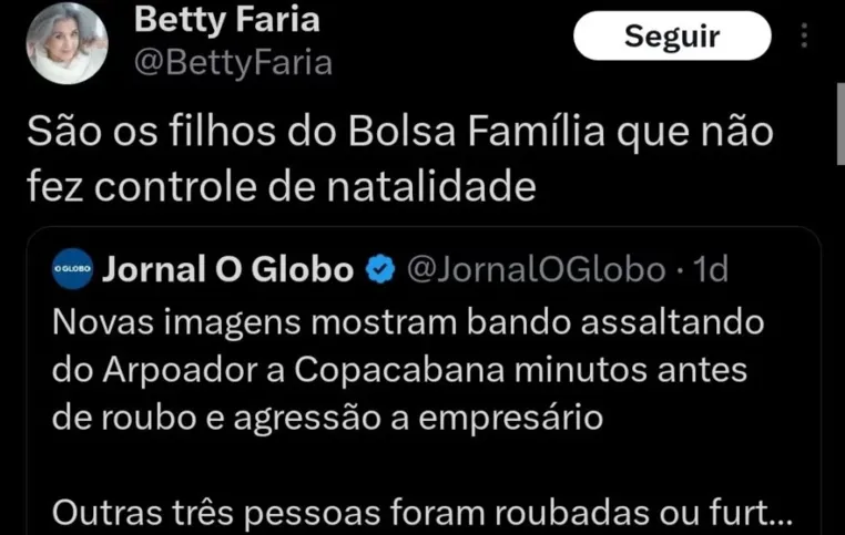A atriz fez um comentário polêmico sobre os recentes casos de assalto em Copacabana