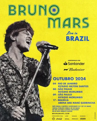 Bruno Mars retorna ao Brasil com uma sequência de 4 shows