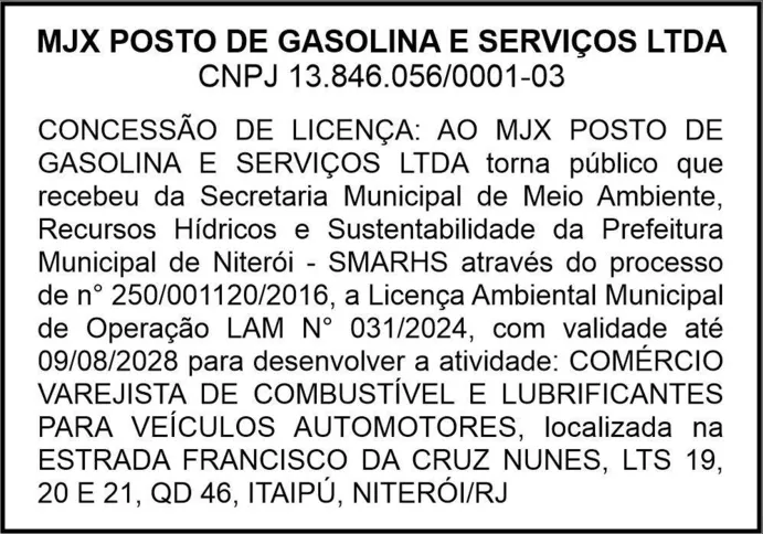 Imagem ilustrativa da imagem CONCESSÃO DE LICENÇA AMBIENTAL AO MJX POSTO DE GASOLINA E SERVIÇOS LTDA