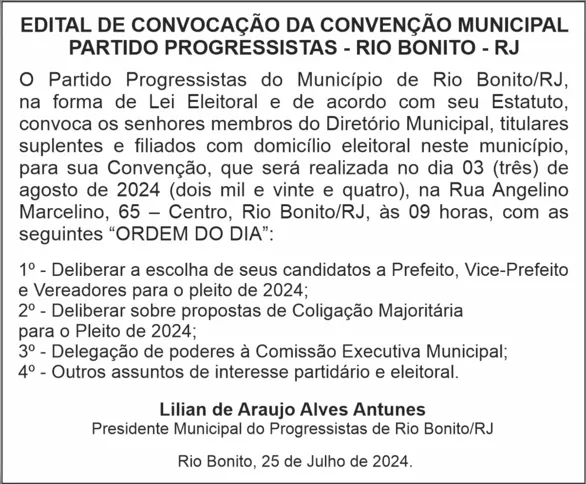 Imagem ilustrativa da imagem CONVOCAÇÃO DA CONVENÇÃO MUNICIPAL DO  
PARTIDO PROGRESSISTAS - RIO BONITO - RJ