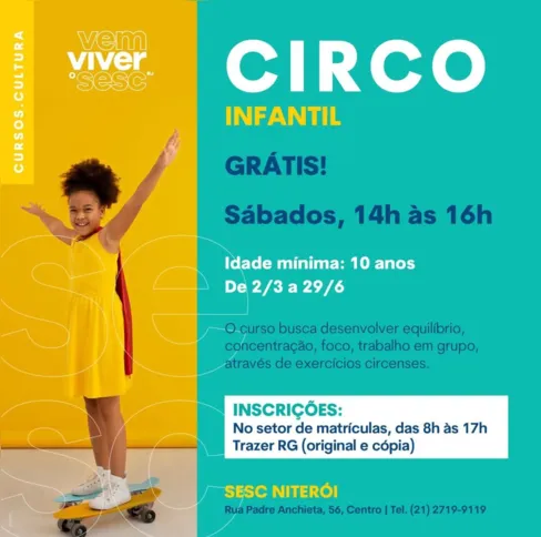 O curso busca desenvolver equilíbrio, concentração, foco, trabalho em grupo, através de exercícios circenses