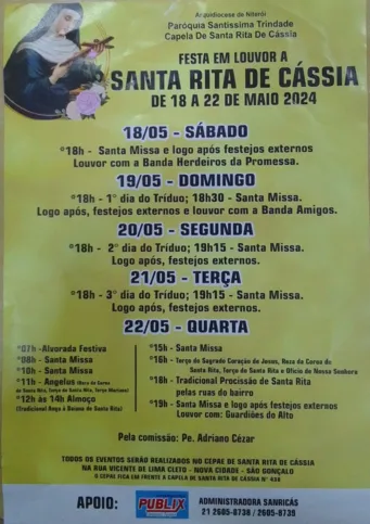 Na Capela de Santa Rita de Cássia, em Nova Cidade, a festa em louvor à santa padroeira terá início no sábado (18)