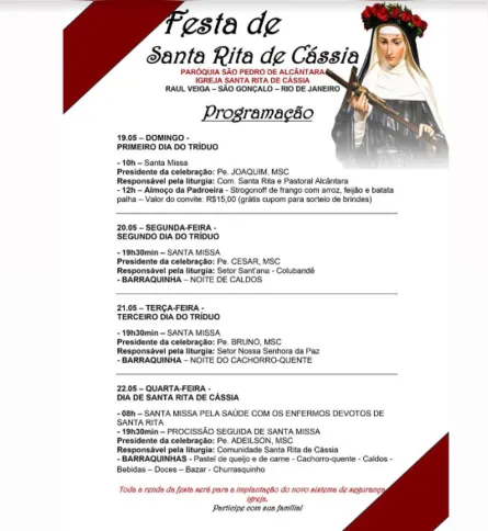 A programação da Igreja Matriz de Santa Rita de Cássia terá início no domingo (19)