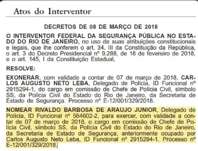 Nomeação do ex-chefe da Polícia Civil do RJ, Rivaldo Barbosa, em 2018 - Reprodução D.O.