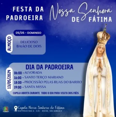 A celebração na Capela de Nossa Senhora de Fátima, no Rocha, teve início às 6h, com a Alvorada