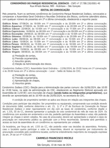 Imagem ilustrativa da imagem Edital de convocação - Edifício do Parque Residencial Zodíaco