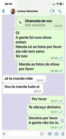 A jovem resolveu enviar uma mensagem para o próprio celular, na esperança de conseguir recuperar as fotos do show