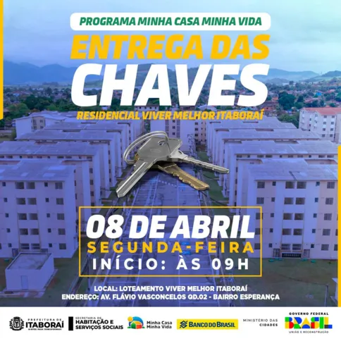 A cerimônia de entrega das chaves de mais unidades do Loteamento Viver Melhor Itaboraí, no Bairro Esperança, do programa Minha Casa Minha Vida acontecerá nesta segunda-feira