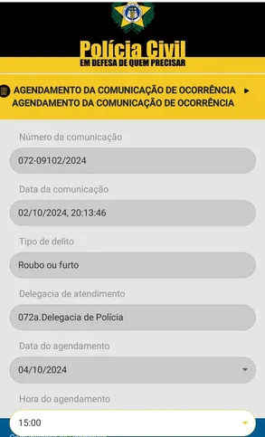 Agendamento realizado por Caroline para registrar a ocorrência