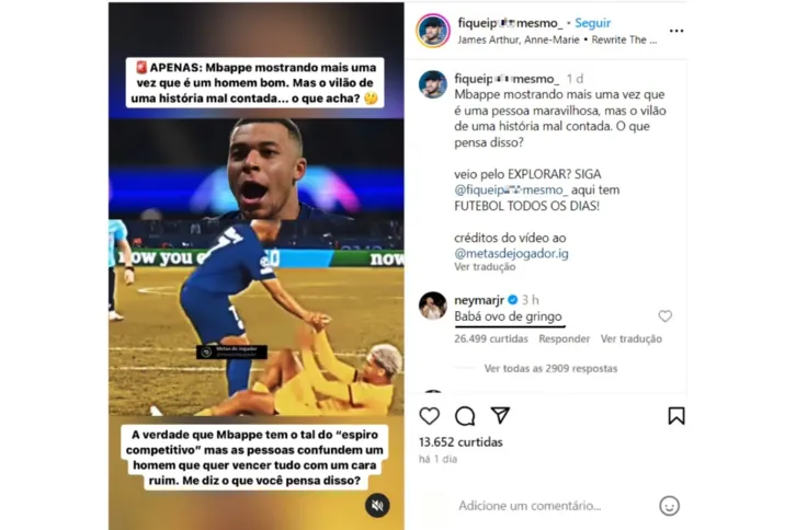 Imagem ilustrativa da imagem Neymar reclama de elogios a Mbappé: "Baba ovo de gringo"