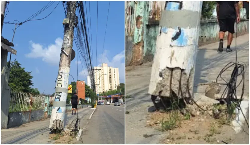 Vergalhões podiam ser vistos após o poste apresentar problemas estruturais