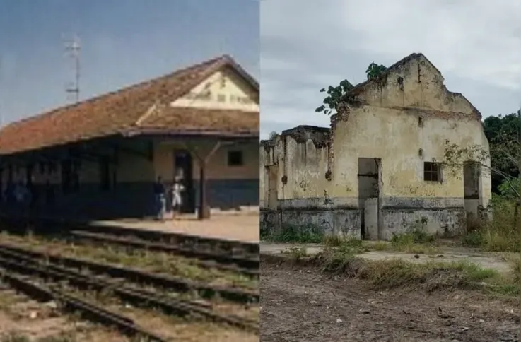 Estação de Porto das Caixas, em Itaboraí, a esquerda no final do século XIX e a direita, em 2023