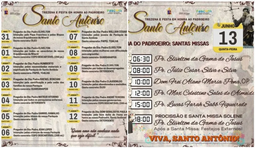 No dia 13 de junho, cinco missas irão celebrar o dia de Santo Antônio