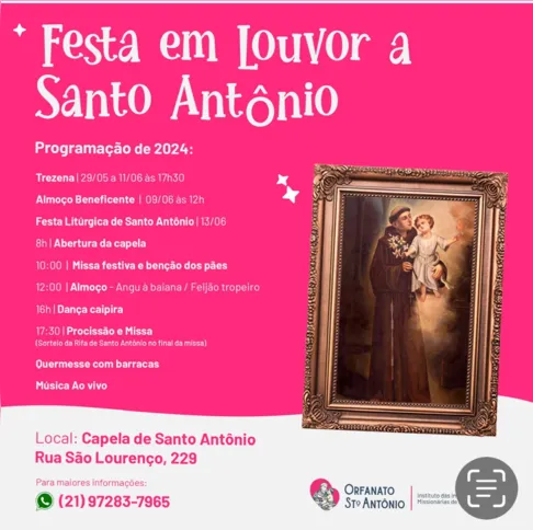 No Dia de Santo Antônio, 13 de junho, a Capela será aberta às 8h