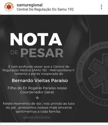 Nas redes sociais, o serviço lamentou a morte de Bernardo e se solidarizou com os pais e familiares do rapaz.