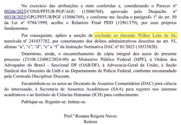 Documento que aponta a exclusão de Wilker Leão da Universidade Brasília