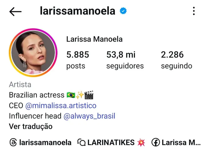 Larissa Manoela possui 53,8 milhões de seguidores no Instagram
