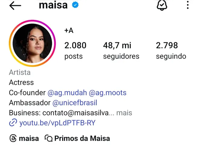 Maisa Silva, soma 48,7 milhões de seguidores no Instagram