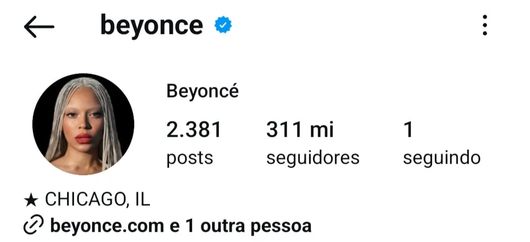 A cantora Beyoncé está em cinco lugar da lista, com 311 milhões de seguidores