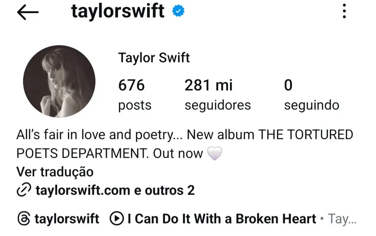 Taylor Swift está em oitavo ligar da lista