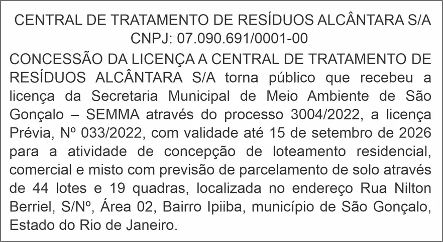 Imagem ilustrativa da imagem CONCESSÃO DE LICENÇA AMBIENTAL